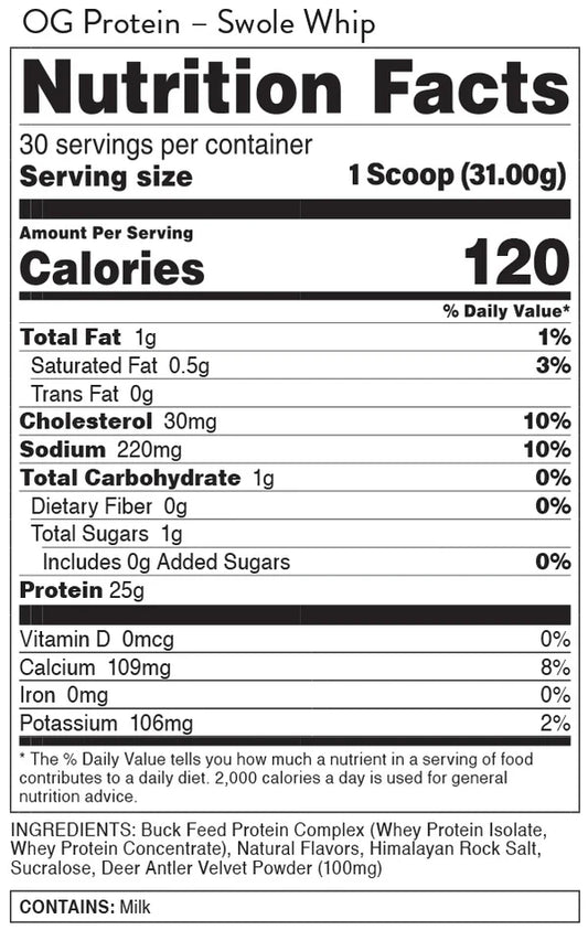 Bucked Up Buck Feed All Natural Swole Whip Whey Protein Powder, 25g of Protein, 30 servings